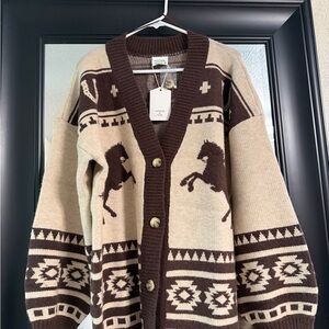 Very J Brown and Cream Horse Pattern Cardigan